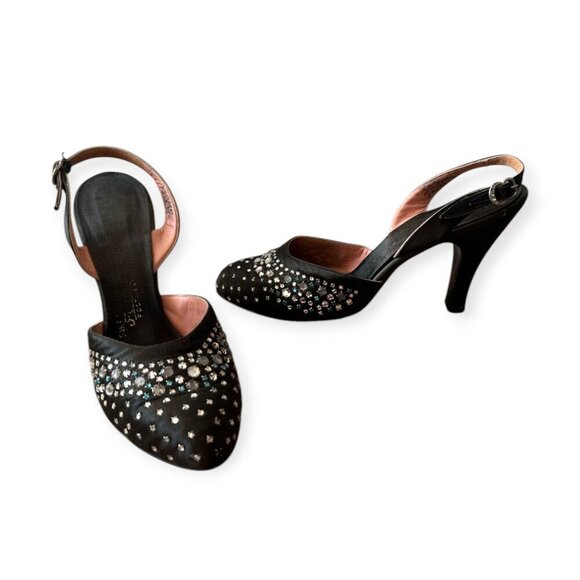 Vintage Saks-Fifth Avenue/Fenton Footwear Black Satin Beaded Slingback Pumps, 8A - Picture 4 of 15